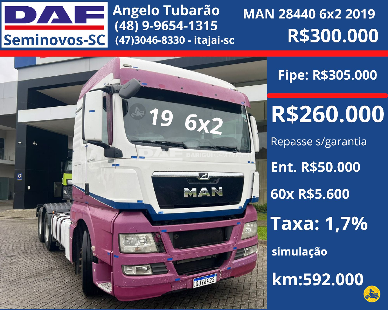 CAMINHAO MAN TGX 28 440 Chassis Cavalo 6x2 DAF Barigui Itajaí ITAJAI SANTA CATARINA SC